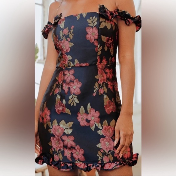 Lulus Navy Floral On or Off-Shoulder Dress - Picture 1 of 7